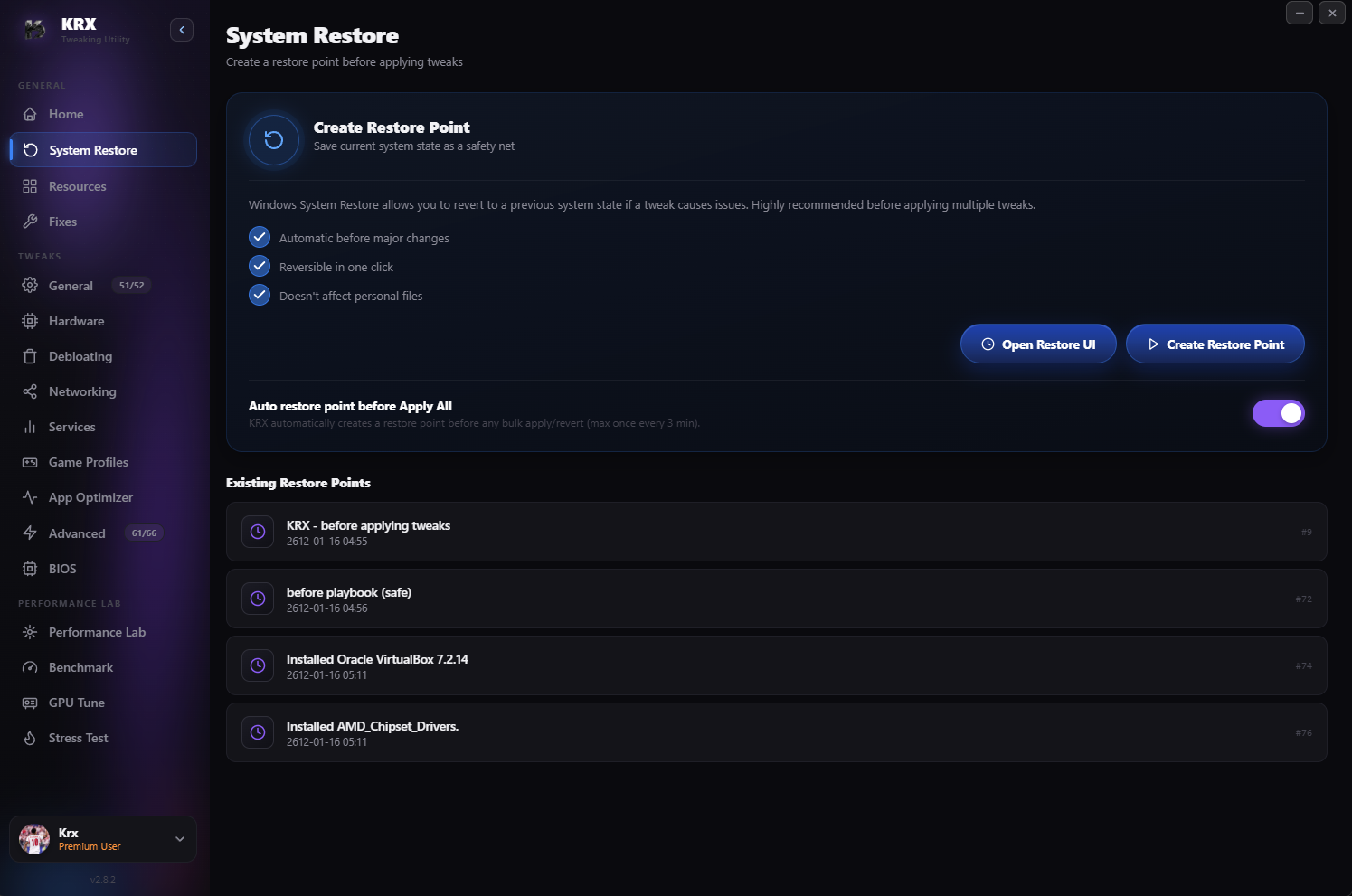 KRX Tweaking Utility — System restore